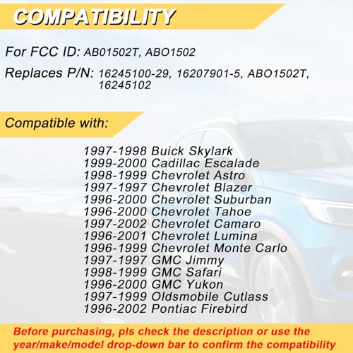 Vurkcy Key Fob Replacement for 1996-2002 Chevy Suburban Tahoe Lumina Camaro Monte Carlo/GMC Yukon Safari/Skylark Escalade Cutlass Firebird Car Keyless Entry Remote Control, AB01502T ABO1502T, 2 Btn - Image 2