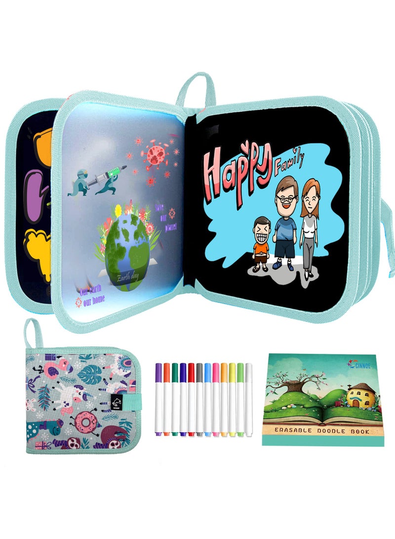 Erasable Doodle Book for Kids-Toddlers Activity Toys Reusable Drawing Pads with 12 Watercolor Pens, Preschool Travel Art Toy, Road Trip Car Game Writing Painting Set（Green alpaca）  - Image 1