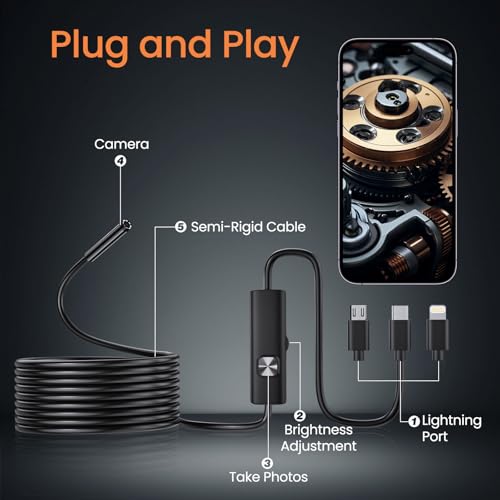 BlueSwan Endoscope Camera with Light, HD Borescope with Dimmable LED, Endoscope Camera for iPhone & Android, 16.4ft Semi-Rigid Snake Camera, IP67 Waterproof Inspection Tools, Cool Gadgets for Men - Image 5