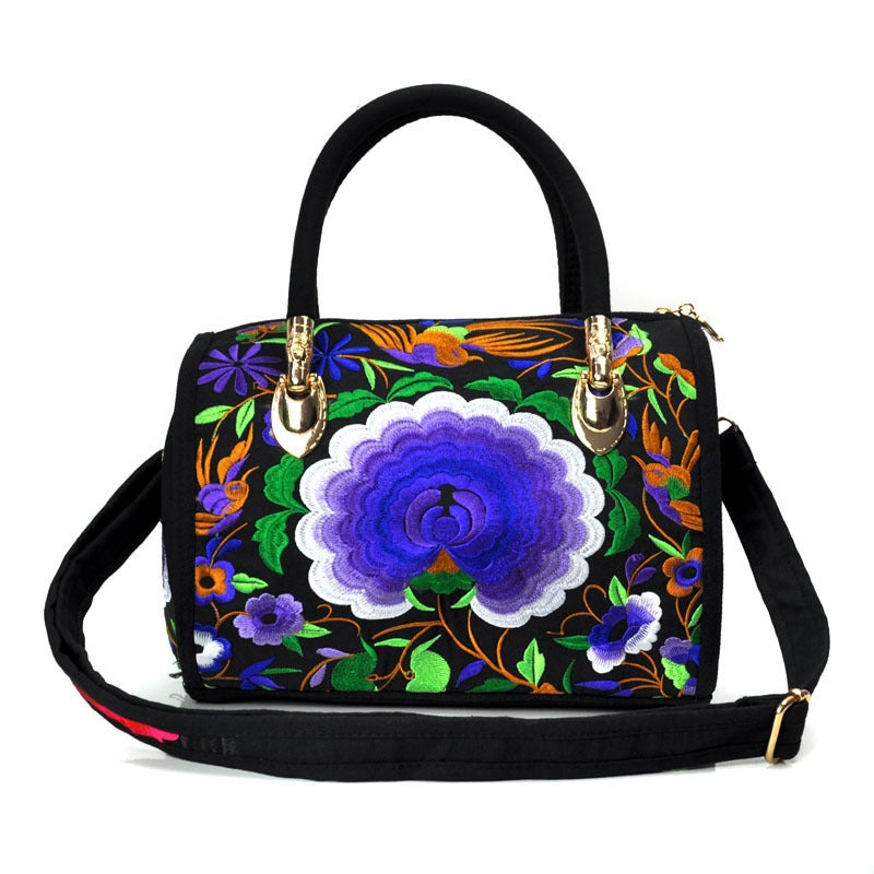 Ethnic-style Embroidered Portable Crossbody Dual-purpose Drum Bag Canvas Embroidered Floral Cloth Bag Travel Shoulder Portable Women's Bag Double Peony Blue - Image 4
