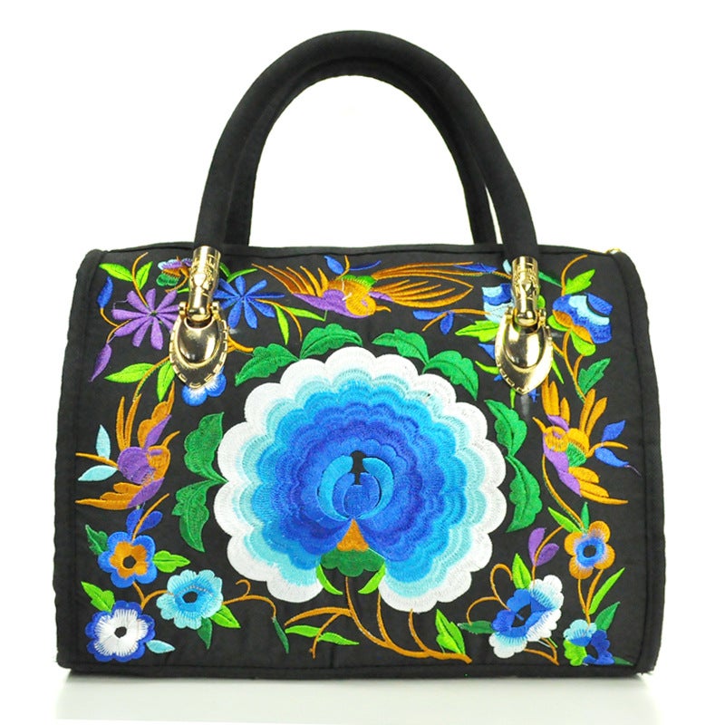 Ethnic-style Embroidered Portable Crossbody Dual-purpose Drum Bag Canvas Embroidered Floral Cloth Bag Travel Shoulder Portable Women's Bag Double Peony Blue - Image 3