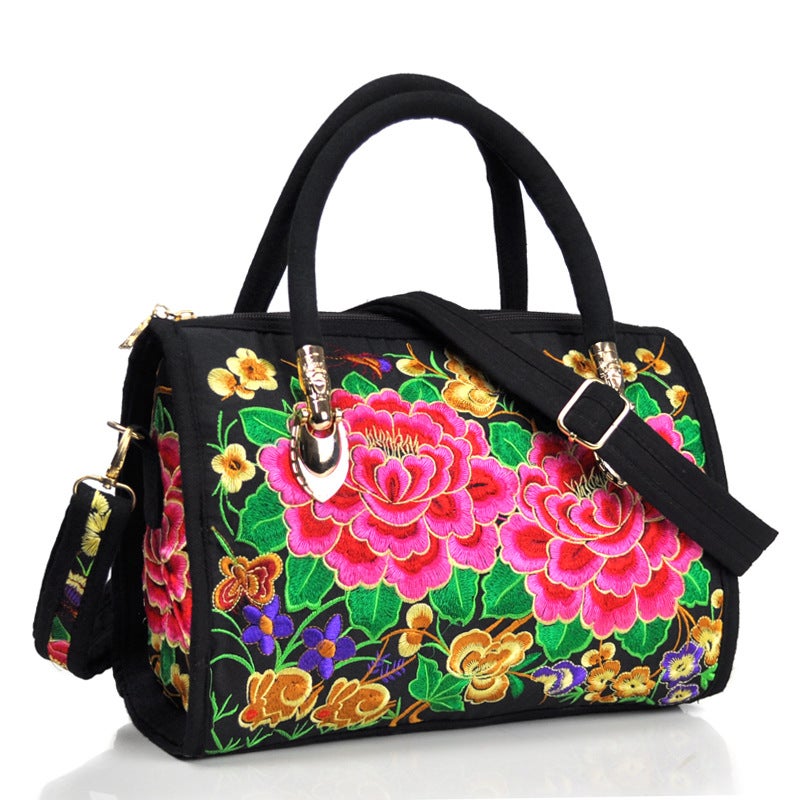 Ethnic-style Embroidered Portable Crossbody Dual-purpose Drum Bag Canvas Embroidered Floral Cloth Bag Travel Shoulder Portable Women's Bag Double Peony Blue - Image 2