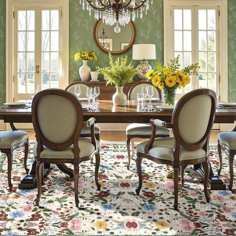 Deerly Washable Floral Rugs 8x10 Large Vintage Living Room Carpet Boho Non-Slip Soft Low Pile Thin Bedroom Floor Mat Indoor for Dining Room Playroom Nursery Farmhouse, Beige/Green/Multi - Image 3