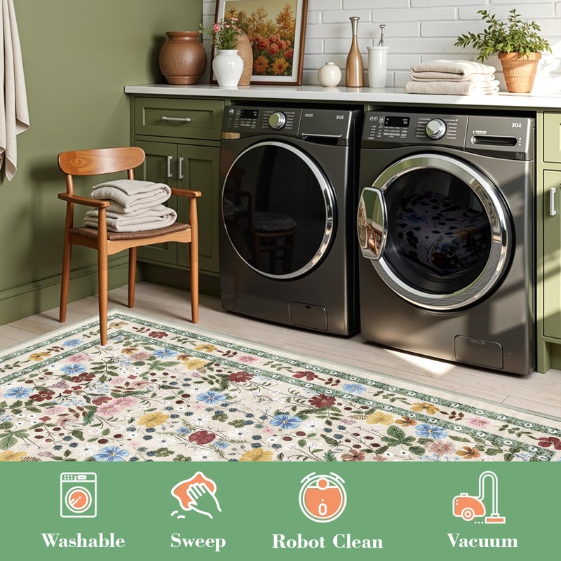 Deerly Washable Floral Rugs 8x10 Large Vintage Living Room Carpet Boho Non-Slip Soft Low Pile Thin Bedroom Floor Mat Indoor for Dining Room Playroom Nursery Farmhouse, Beige/Green/Multi - Image 5
