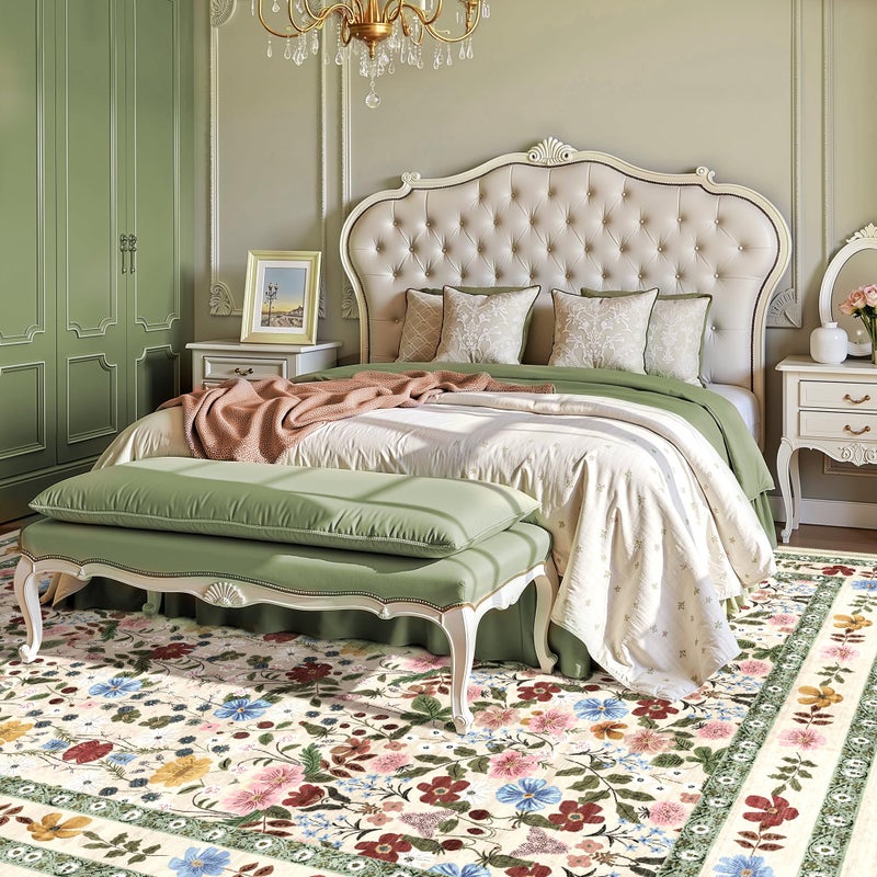 Deerly Washable Floral Rugs 8x10 Large Vintage Living Room Carpet Boho Non-Slip Soft Low Pile Thin Bedroom Floor Mat Indoor for Dining Room Playroom Nursery Farmhouse, Beige/Green/Multi - Image 1