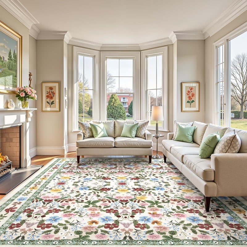 Deerly Washable Floral Rugs 8x10 Large Vintage Living Room Carpet Boho Non-Slip Soft Low Pile Thin Bedroom Floor Mat Indoor for Dining Room Playroom Nursery Farmhouse, Beige/Green/Multi - Image 2