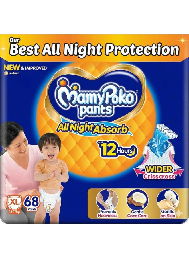 Mamypoko pants All night absorb| Pant Style Baby Diapers X- Large Size(XL), 68 Count, Ideal for 12-17Kgs|1 Diaper= Upto All night Absorption|Wider Crisscross Sheet|Gentle Coco Care| 12hr Leakage Prote