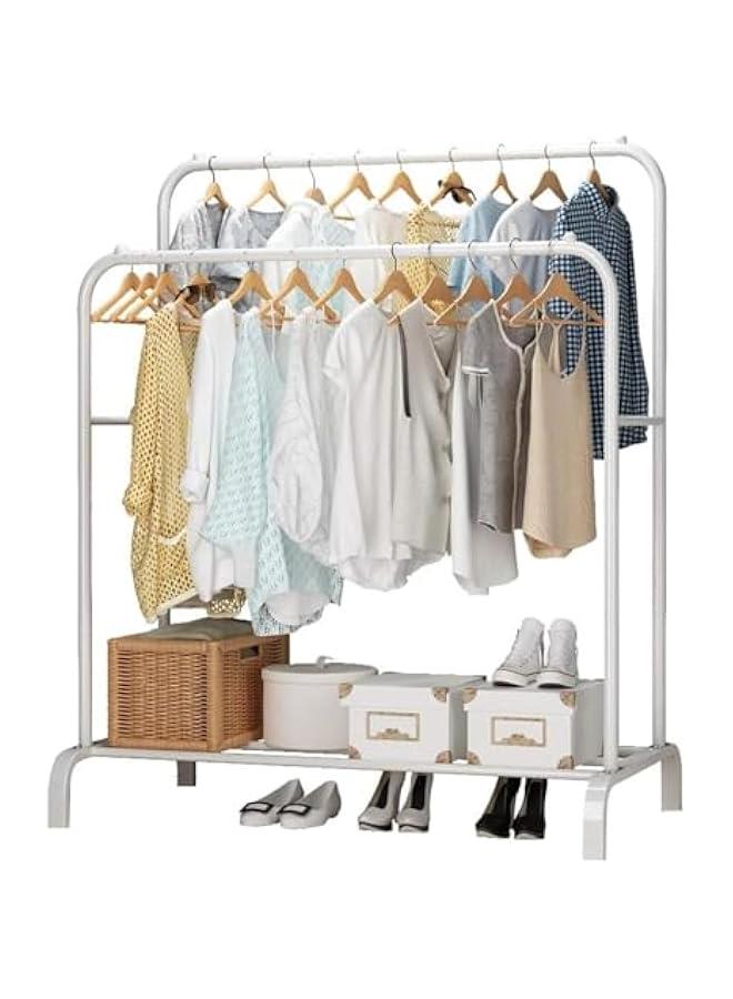 MIXDE Clothes Rack,110cm Wide Double Rod Garment Rack with Storage Shelf,Clothes Display Rack,Portable Clothing Racks for Clothes Shoes Handbags,Multi-Purpose for Home Bedroom (White) - Image 1