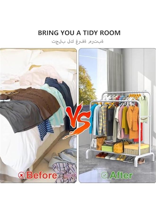 MIXDE Clothes Rack,110cm Wide Double Rod Garment Rack with Storage Shelf,Clothes Display Rack,Portable Clothing Racks for Clothes Shoes Handbags,Multi-Purpose for Home Bedroom (White) - Image 2