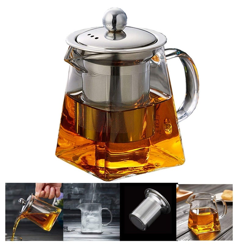 AZSCYN Square Glass Teapot 550 ml Teapot for One with Heat Resistant Stainless Steel Infuser Perfect for Tea and Coffee 550ML Clear Leaf Teapot with Strainer Lid Gift for Your Family or Friends 550ML - Image 2