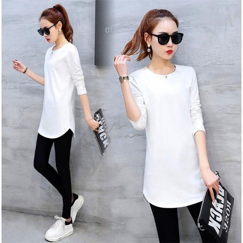 Long-sleeved mid-length t-shirt women's Korean version T-shirt mid-length loose large size casual thin solid color top bottoming shirt trendy white M - Image 1
