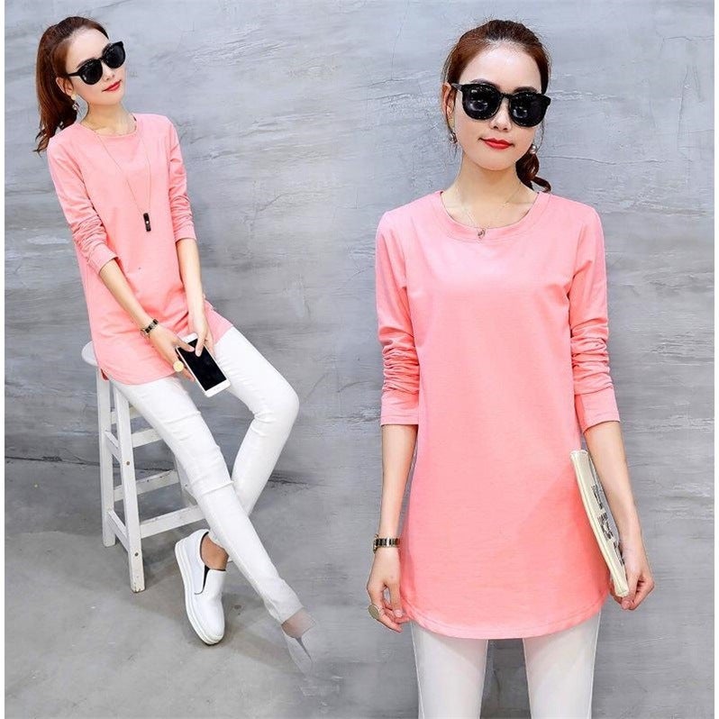 Long-sleeved mid-length t-shirt women's Korean version T-shirt mid-length loose large size casual thin solid color top bottoming shirt trendy white M - Image 5