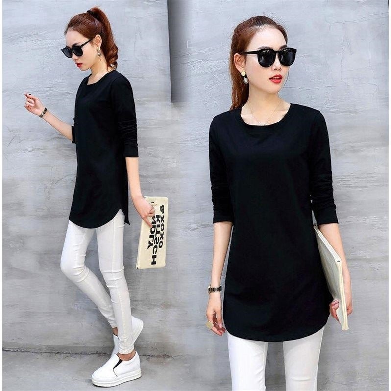 Long-sleeved mid-length t-shirt women's Korean version T-shirt mid-length loose large size casual thin solid color top bottoming shirt trendy white M - Image 2