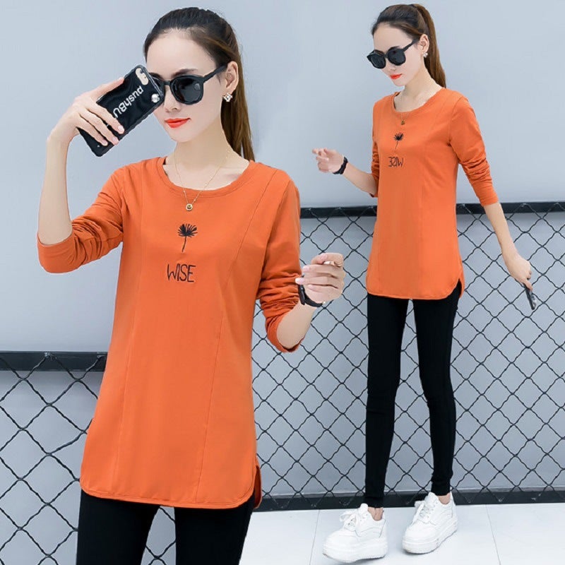 Long-sleeved mid-length t-shirt women's Korean version T-shirt mid-length loose large size casual thin solid color top bottoming shirt trendy white M - Image 3