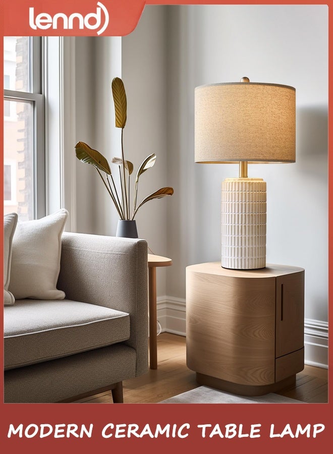 لينند مصباح طاولة جنب السرير 58 سم لغرفة النوم ، مصباح السيراميك لغرفة المعيشة ، ضوء الوقوف الليلي الأبيض مع ظل الكتان المستدير ، الحديث - Image 4
