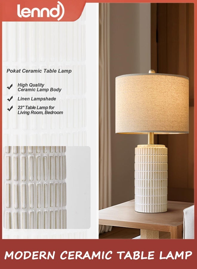 لينند مصباح طاولة جنب السرير 58 سم لغرفة النوم ، مصباح السيراميك لغرفة المعيشة ، ضوء الوقوف الليلي الأبيض مع ظل الكتان المستدير ، الحديث - Image 3