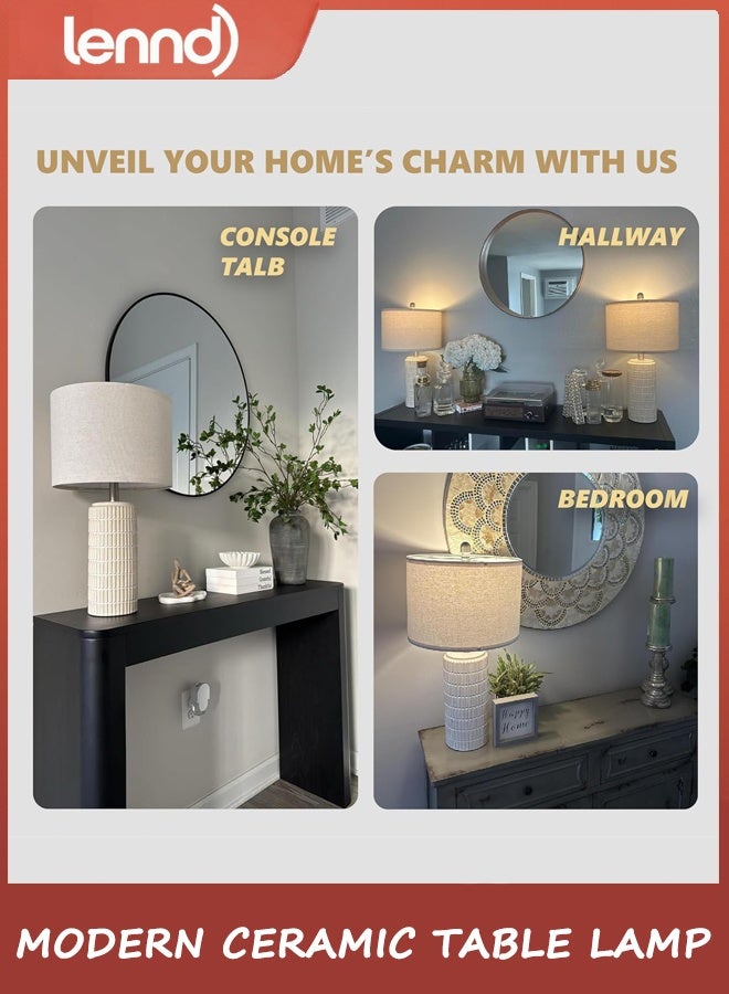 لينند مصباح طاولة جنب السرير 58 سم لغرفة النوم ، مصباح السيراميك لغرفة المعيشة ، ضوء الوقوف الليلي الأبيض مع ظل الكتان المستدير ، الحديث - Image 2
