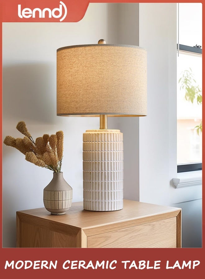 لينند مصباح طاولة جنب السرير 58 سم لغرفة النوم ، مصباح السيراميك لغرفة المعيشة ، ضوء الوقوف الليلي الأبيض مع ظل الكتان المستدير ، الحديث - Image 5
