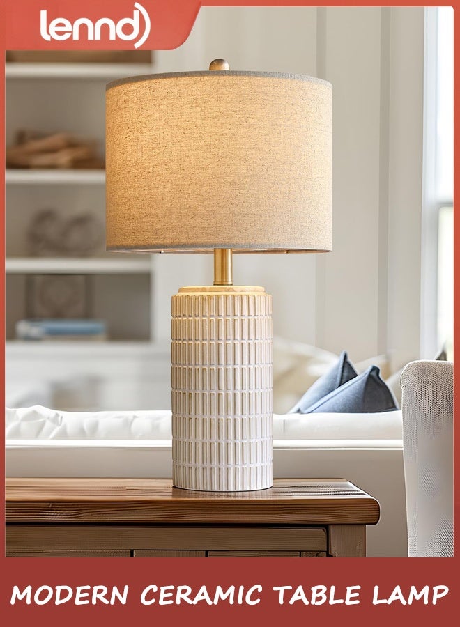 لينند مصباح طاولة جنب السرير 58 سم لغرفة النوم ، مصباح السيراميك لغرفة المعيشة ، ضوء الوقوف الليلي الأبيض مع ظل الكتان المستدير ، الحديث - Image 1