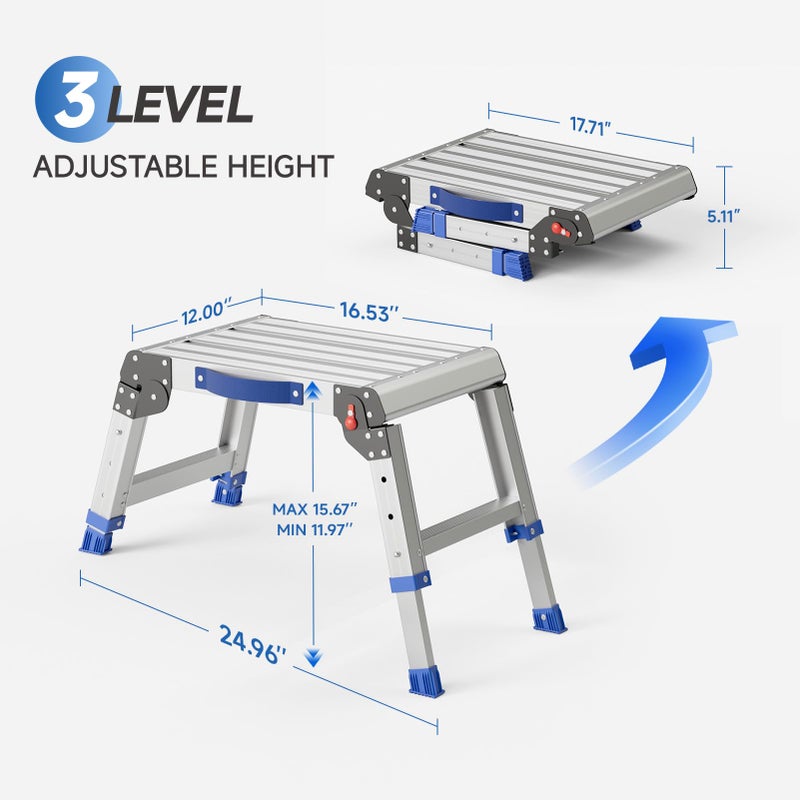 Loyoda Folding Step Stool for Adults, Aluminum Work Platform Adjustable Height, Lightweight and Durable Portable Outdoor Aluminum Step Stool Foldable, Maximum Load Capacity of 440 Pounds. - Image 4