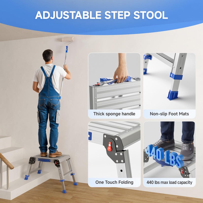 Loyoda Folding Step Stool for Adults, Aluminum Work Platform Adjustable Height, Lightweight and Durable Portable Outdoor Aluminum Step Stool Foldable, Maximum Load Capacity of 440 Pounds. - Image 3