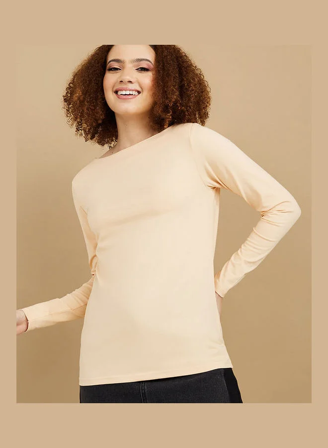 Styli Long Sleeves Boat Neck Cotton Lycra Regular Fit T-shirt