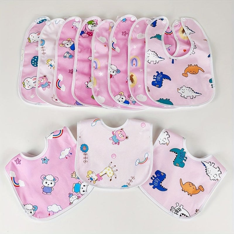 Random 12pcs Pink Crystal Velvet Feeding Bibs For Children Cute Animal And Space Designs Mess Free Mealtime Essentials Snap Closure - Image 2