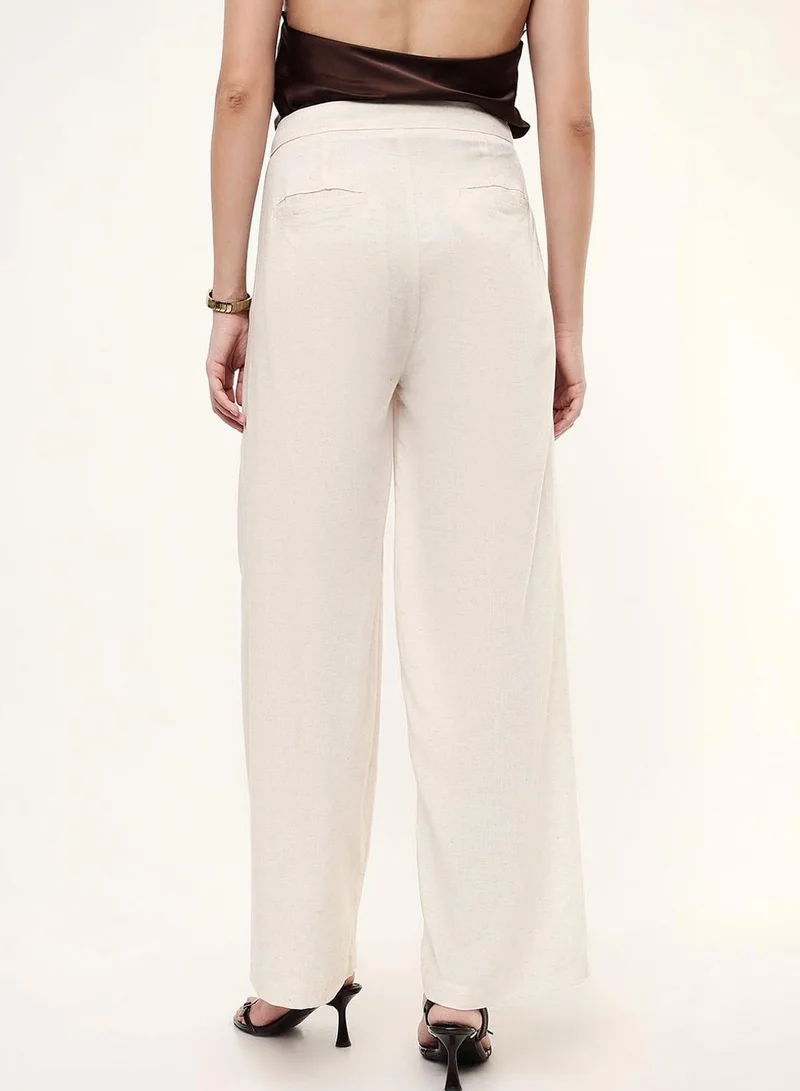Dennis Lingo  Women Beige Cotton Blend Solid Full Casual Relaxed Trouser for Women | Best Price UAE