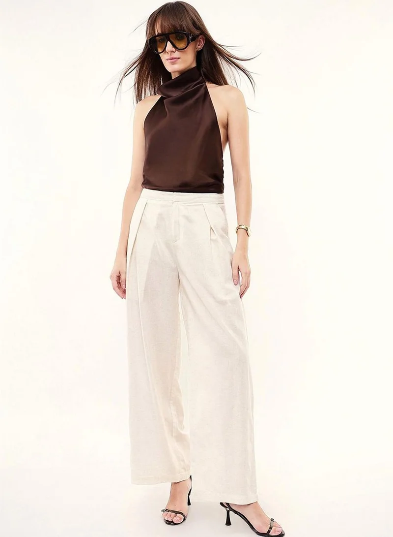 Dennis Lingo  Women Beige Cotton Blend Solid Full Casual Relaxed Trouser for Women | Best Price UAE