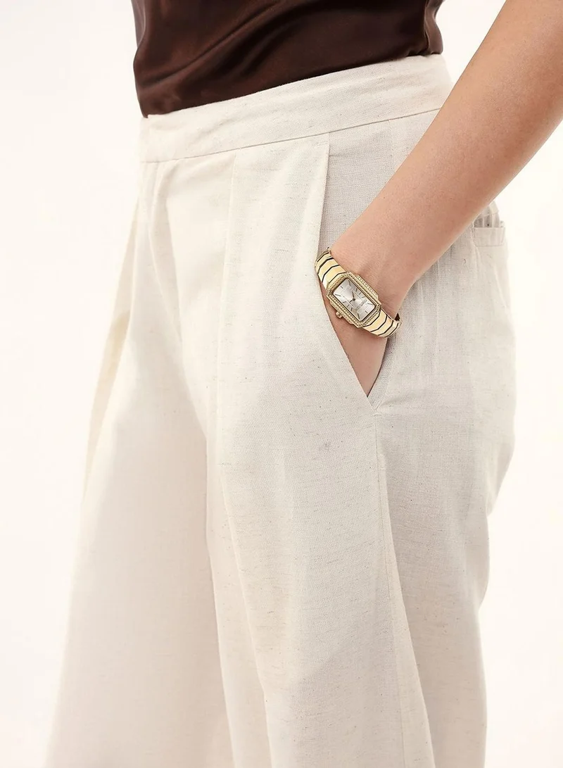 Dennis Lingo  Women Beige Cotton Blend Solid Full Casual Relaxed Trouser for Women | Best Price UAE