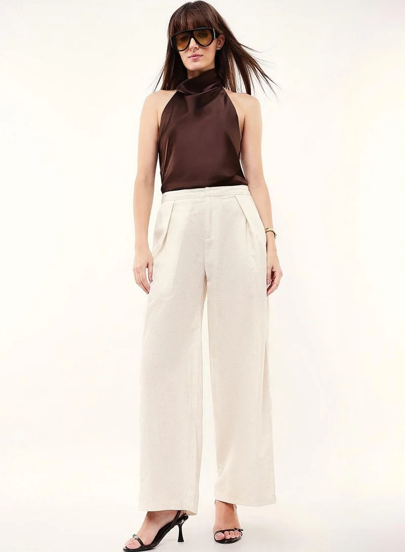 Dennis Lingo  Women Beige Cotton Blend Solid Full Casual Relaxed Trouser for Women | Best Price UAE