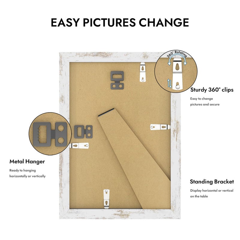 Hongkee 6x9 Picture Frame with Glass, Display Pictures 5x8 with Mat or 6 x 9 without Mat - Wall and Tabletop, 6 by 9 Photo Wooden Frames (Distressed White, 1 Pack) - Image 4