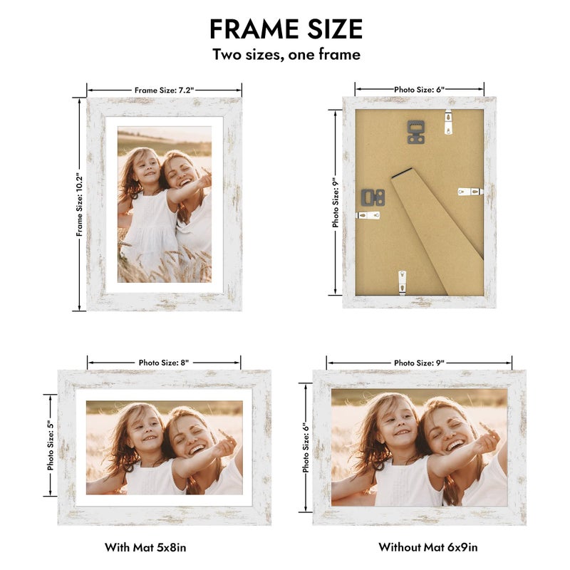 Hongkee 6x9 Picture Frame with Glass, Display Pictures 5x8 with Mat or 6 x 9 without Mat - Wall and Tabletop, 6 by 9 Photo Wooden Frames (Distressed White, 1 Pack) - Image 2