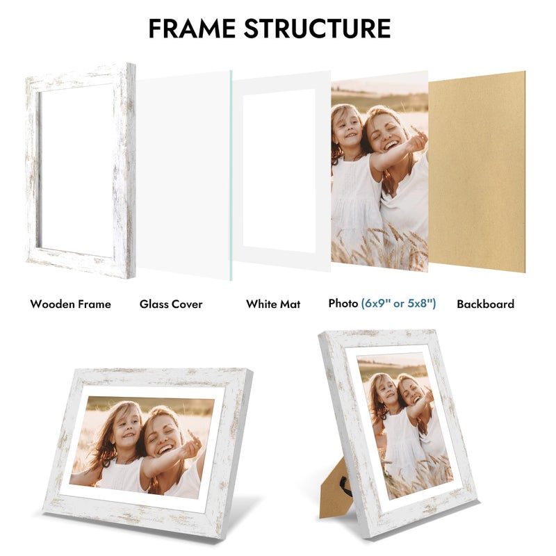 Hongkee 6x9 Picture Frame with Glass, Display Pictures 5x8 with Mat or 6 x 9 without Mat - Wall and Tabletop, 6 by 9 Photo Wooden Frames (Distressed White, 1 Pack) - Image 5