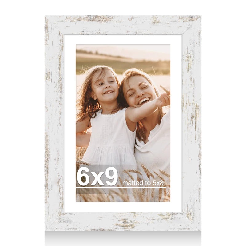 Hongkee 6x9 Picture Frame with Glass, Display Pictures 5x8 with Mat or 6 x 9 without Mat - Wall and Tabletop, 6 by 9 Photo Wooden Frames (Distressed White, 1 Pack) - Image 1
