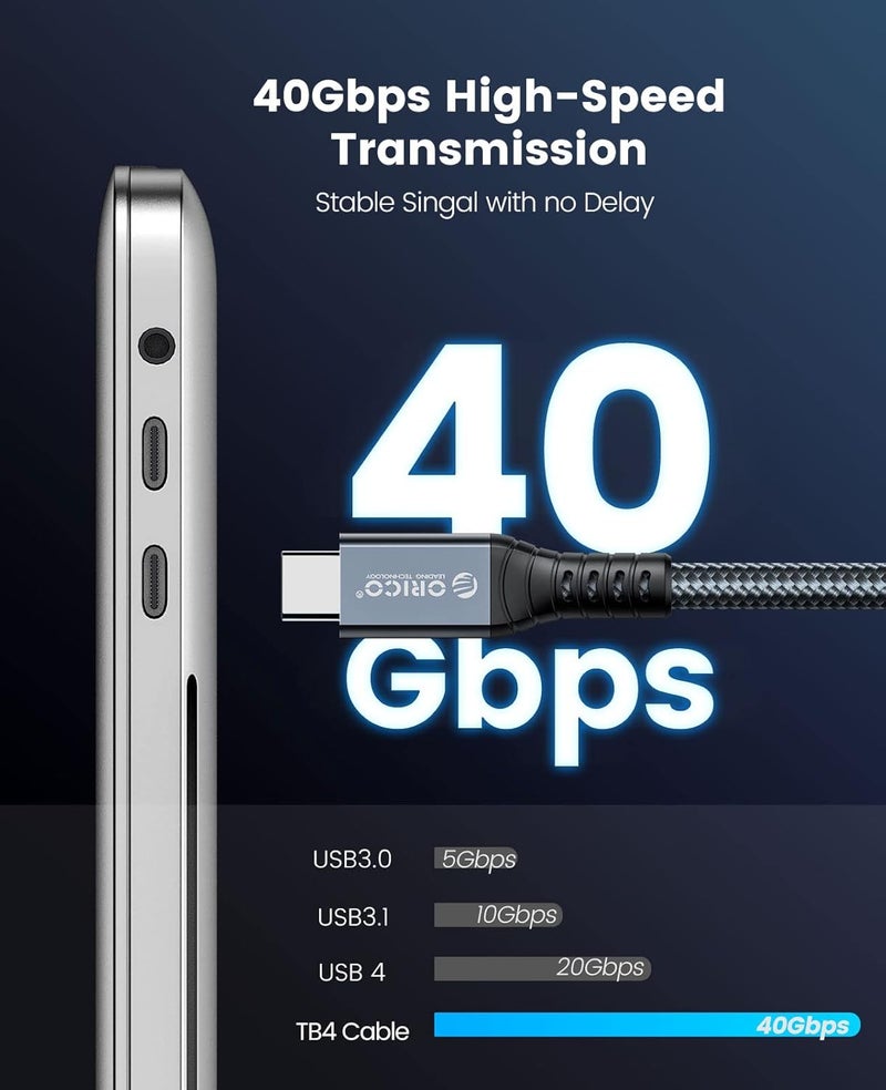 Orico Thunderbolt 4 Cable - 0.98 Ft, 40Gbps USB C to USB C, Supports 100W Charging/Display 8K@60Hz for MacBooks, iPad Pro, Thunderbolt 4/3 Hub, Docking - Dark Grey - Image 2