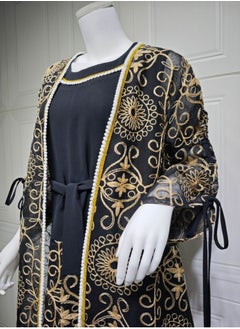 Loquat Ladies Embroidered Robe Long Dress Set Open Front Outer Robe+Inner Skirt+Belt Muslim Abaya Black  - Image 3