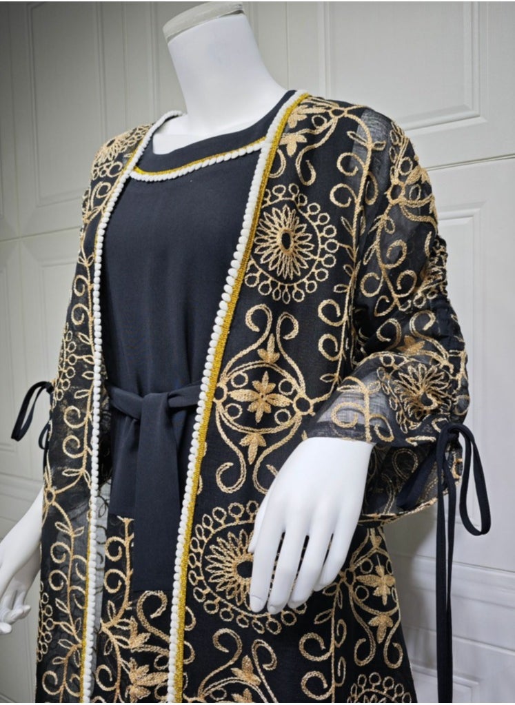 Loquat Ladies Embroidered Robe Long Dress Set Open Front Outer Robe+Inner Skirt+Belt Muslim Abaya Black  - Image 3