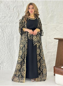 Loquat Ladies Embroidered Robe Long Dress Set Open Front Outer Robe+Inner Skirt+Belt Muslim Abaya Black  - Image 1