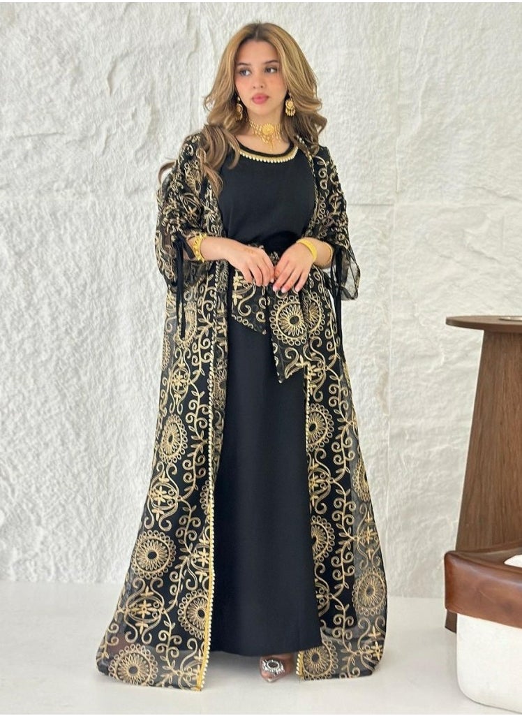 Loquat Ladies Embroidered Robe Long Dress Set Open Front Outer Robe+Inner Skirt+Belt Muslim Abaya Black  - Image 1