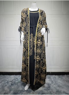 Loquat Ladies Embroidered Robe Long Dress Set Open Front Outer Robe+Inner Skirt+Belt Muslim Abaya Black  - Image 2