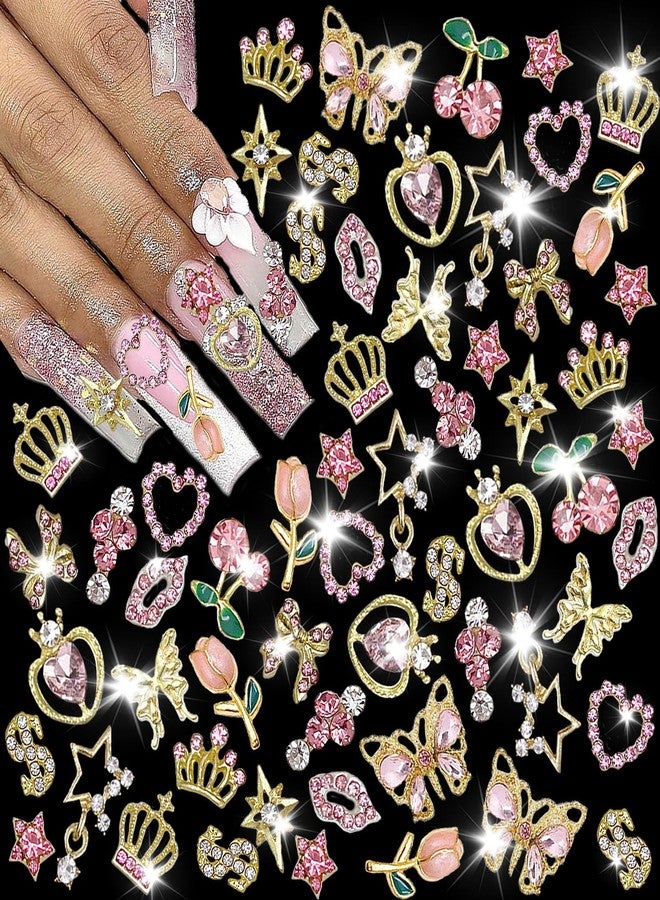 KACHIMOO 30 PCS Pink Nail Charms Y2k Nail Charm Shiny Rhinestones for Nails 3D Heart Bow Star Cherry Crown Butterfly Flower Nail Gems Gold Nail Art Charms for Women Girls Nail DIY - Image 1