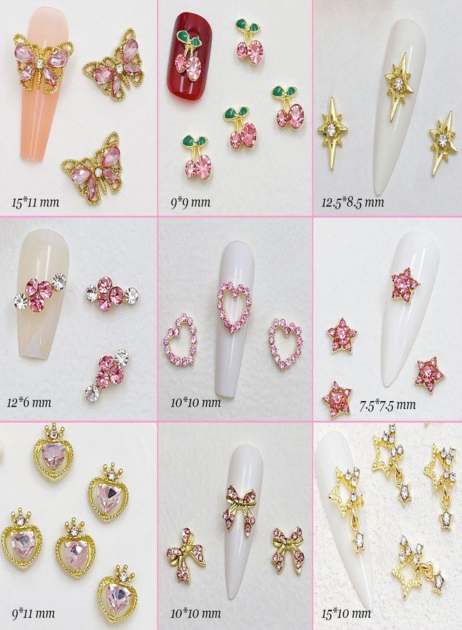 KACHIMOO 30 PCS Pink Nail Charms Y2k Nail Charm Shiny Rhinestones for Nails 3D Heart Bow Star Cherry Crown Butterfly Flower Nail Gems Gold Nail Art Charms for Women Girls Nail DIY - Image 2