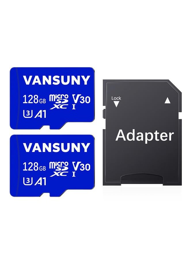 Vansuny بطاقة micro SD سعة 128 جيجابايت - عبوة من 2 بطاقة microSDXC مع محول SD أداء تطبيق A1 أداء V30 تسجيل فيديو 4K C10 U3 micro SD للهاتف، كاميرا الأمن، كاميرا داش، كاميرا الحركة - Image 1