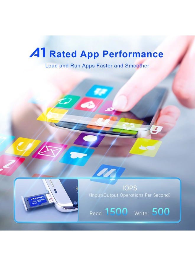 Vansuny بطاقة micro SD سعة 128 جيجابايت - عبوة من 2 بطاقة microSDXC مع محول SD أداء تطبيق A1 أداء V30 تسجيل فيديو 4K C10 U3 micro SD للهاتف، كاميرا الأمن، كاميرا داش، كاميرا الحركة - Image 3