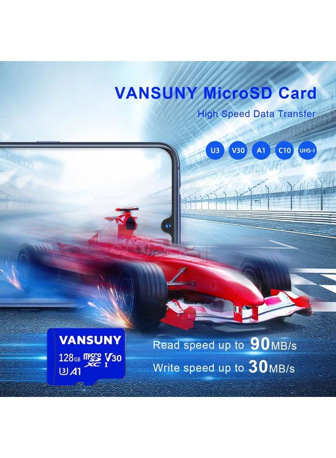 Vansuny بطاقة micro SD سعة 128 جيجابايت - عبوة من 2 بطاقة microSDXC مع محول SD أداء تطبيق A1 أداء V30 تسجيل فيديو 4K C10 U3 micro SD للهاتف، كاميرا الأمن، كاميرا داش، كاميرا الحركة - Image 2