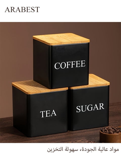 Coffee Tea Sugar Container Set - Black Iron Kitchen Canister Set with Bamboo Lids (3 Pieces, 48 oz)