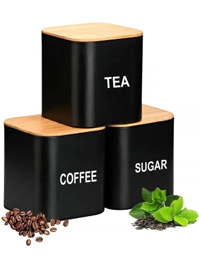 Arabest Coffee Tea Sugar Container Set - Black Iron Kitchen Canister Set with Bamboo Lids (3 Pieces, 48 oz) - Image 2