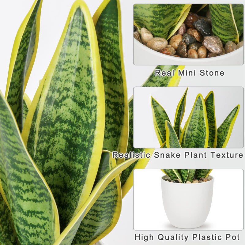 Hollyone Artificial Snake Plant Potted Faux Sansevieria Trifasciata Plants, 13" Tropical Fake Plants in White Pots for Home Office Room Indoor Decor Housewarming Gifts - Image 3