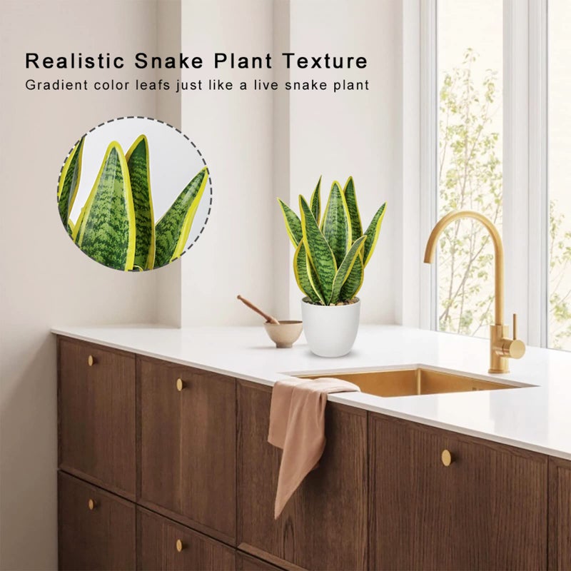 Hollyone Artificial Snake Plant Potted Faux Sansevieria Trifasciata Plants, 13" Tropical Fake Plants in White Pots for Home Office Room Indoor Decor Housewarming Gifts - Image 4